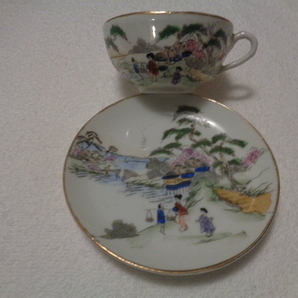 ASIAN NATURE & PEOPLE SCENES CUP & SAUCER MADE IN JAPAN